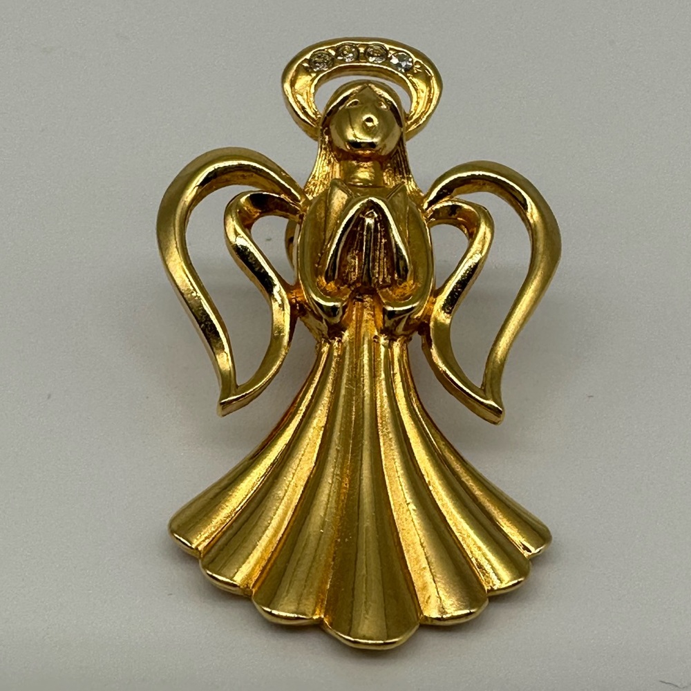 Singing Angel Pin Brooch Rhinestone Halo Vintage Holiday Signed Gold Tone